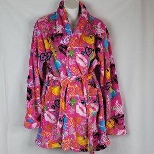 Kenzie cloe printed pink fluffy bathrobe sz Med